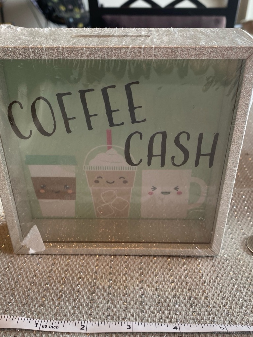 Coffee Cash Savings Box - Light Green Front with Silver Glitter Frame